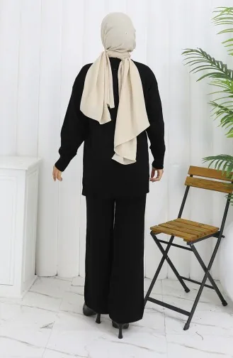 بدلة محبوكة من قطعتين، سترة وبنطلون بياقة مدورة، لون أسود، 1015-01 1015-01