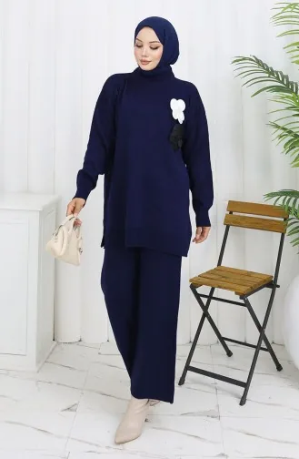 بدلة من قطعتين، سترة وبنطلون بياقة مدورة، لون أزرق داكن، رقم 1015-02 1015-02