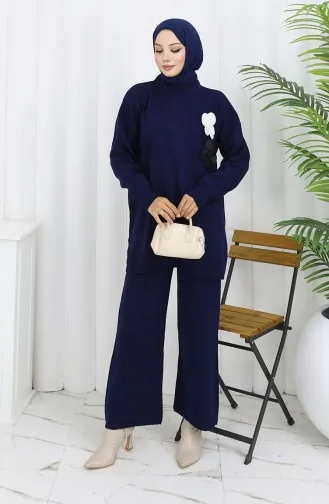بدلة من قطعتين، سترة وبنطلون بياقة مدورة، لون أزرق داكن، رقم 1015-02 1015-02
