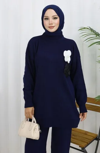 بدلة من قطعتين، سترة وبنطلون بياقة مدورة، لون أزرق داكن، رقم 1015-02 1015-02