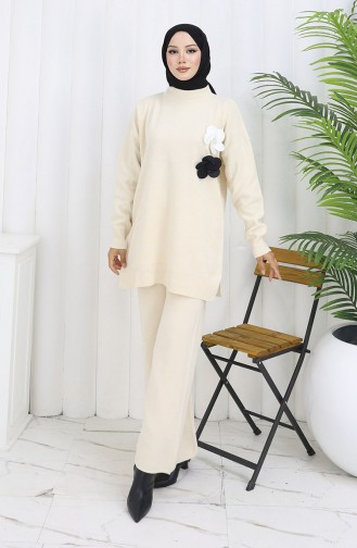 Ensemble Deux Pièces En Tricot Col Roulé Tunique Et Pantalon 1015-04 Beige 1015-04