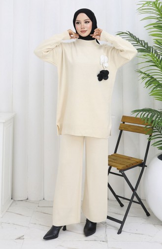 Ensemble Deux Pièces En Tricot Col Roulé Tunique Et Pantalon 1015-04 Beige 1015-04