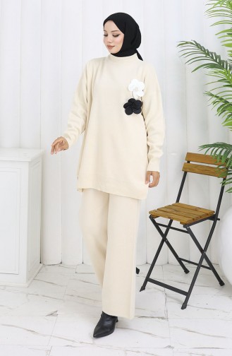 Ensemble Deux Pièces En Tricot Col Roulé Tunique Et Pantalon 1015-04 Beige 1015-04