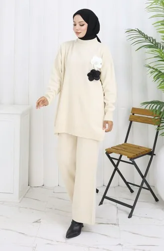 Knitwear Turtleneck Tunic Trousers Two Piece Suit 1015-04 Beige 1015-04