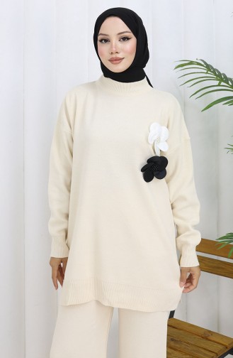 Ensemble Deux Pièces En Tricot Col Roulé Tunique Et Pantalon 1015-04 Beige 1015-04