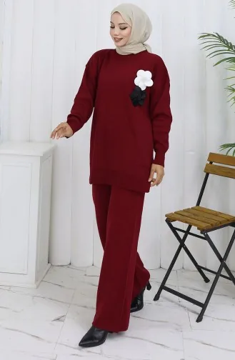 Gebreide Coltrui Tuniek Broek Tweedelig Pak 1015-06 Bordeauxrood 1015-06