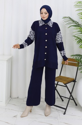 Ensemble Deux Pièces En Tricot Tunique Boutonnée Et Pantalon Garni 1020-01 Bleu Marine 1020-01