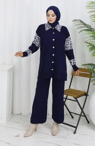 Triko Düğmeli Garnili Tunik Pantolon İkili Takım 1020-01 Lacivert
