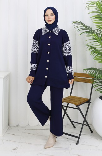 Ensemble Deux Pièces En Tricot Tunique Boutonnée Et Pantalon Garni 1020-01 Bleu Marine 1020-01