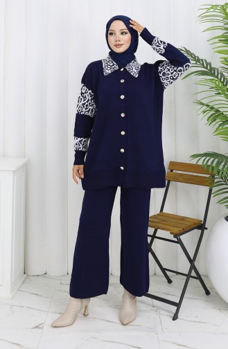 Ensemble Deux Pièces En Tricot Tunique Boutonnée Et Pantalon Garni 1020-01 Bleu Marine 1020-01