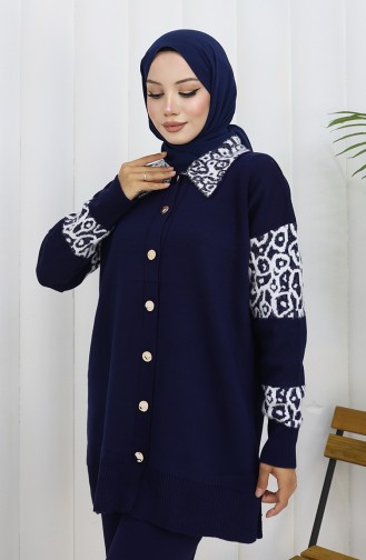 Ensemble Deux Pièces En Tricot Tunique Boutonnée Et Pantalon Garni 1020-01 Bleu Marine 1020-01