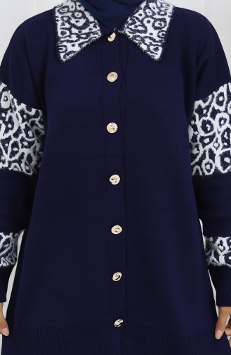 Ensemble Deux Pièces En Tricot Tunique Boutonnée Et Pantalon Garni 1020-01 Bleu Marine 1020-01
