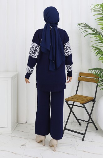 Ensemble Deux Pièces En Tricot Tunique Boutonnée Et Pantalon Garni 1020-01 Bleu Marine 1020-01