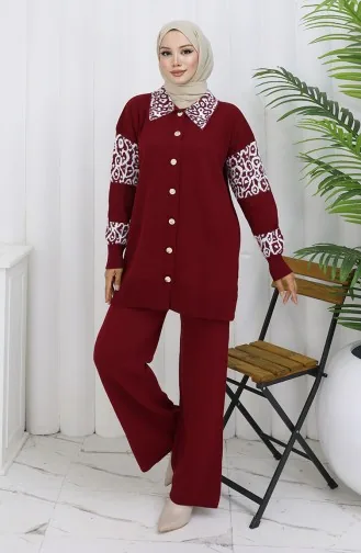 Triko Düğmeli Garnili Tunik Pantolon İkili Takım 1020-02 Bordo