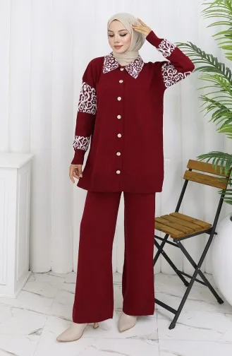 Triko Düğmeli Garnili Tunik Pantolon İkili Takım 1020-02 Bordo