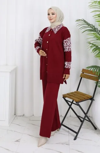 Triko Düğmeli Garnili Tunik Pantolon İkili Takım 1020-02 Bordo