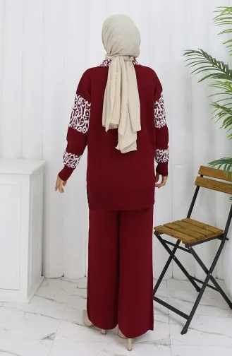 Triko Düğmeli Garnili Tunik Pantolon İkili Takım 1020-02 Bordo