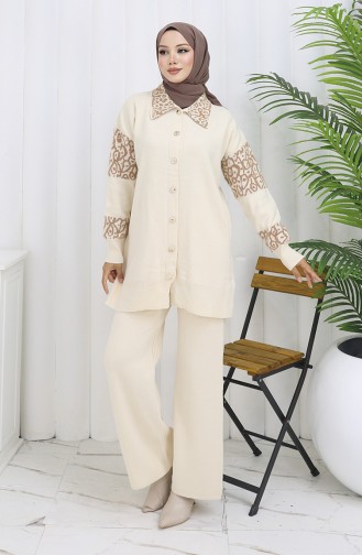 Knitwear Buttoned Garnished Tunic Trousers Two Piece Suit 1020-07 Beige 1020-07