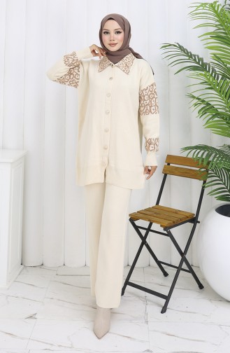 Knitwear Buttoned Garnished Tunic Trousers Two Piece Suit 1020-07 Beige 1020-07