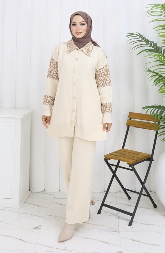 Knitwear Buttoned Garnished Tunic Trousers Two Piece Suit 1020-07 Beige 1020-07