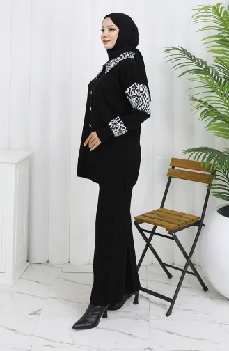 Triko Düğmeli Garnili Tunik Pantolon İkili Takım 1020-08 Siyah Beyaz
