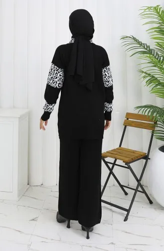 Triko Düğmeli Garnili Tunik Pantolon İkili Takım 1020-08 Siyah Beyaz