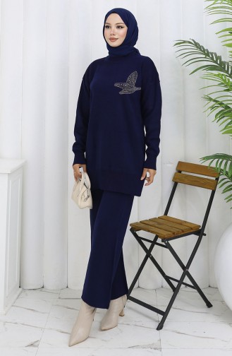 Ensemble Deux Pièces Tunique Et Pantalon En Tricot Imprimé Pierre 1053-01 Bleu Marine 1053-01
