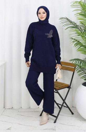 Ensemble Deux Pièces Tunique Et Pantalon En Tricot Imprimé Pierre 1053-01 Bleu Marine 1053-01