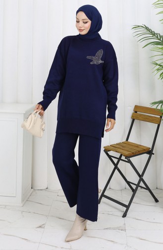 Ensemble Deux Pièces Tunique Et Pantalon En Tricot Imprimé Pierre 1053-01 Bleu Marine 1053-01
