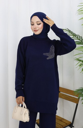 Ensemble Deux Pièces Tunique Et Pantalon En Tricot Imprimé Pierre 1053-01 Bleu Marine 1053-01