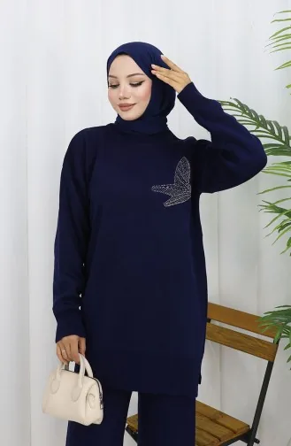 Triko Taş Baskılı Tunik Pantolon İkili Takım 1053-01 Lacivert