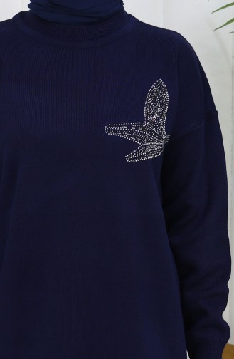 Ensemble Deux Pièces Tunique Et Pantalon En Tricot Imprimé Pierre 1053-01 Bleu Marine 1053-01