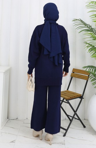 Ensemble Deux Pièces Tunique Et Pantalon En Tricot Imprimé Pierre 1053-01 Bleu Marine 1053-01