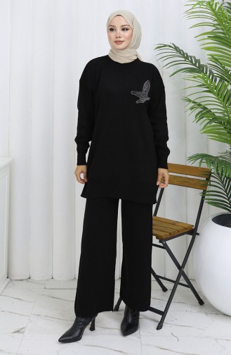 Ensemble Deux Pièces Tunique Et Pantalon En Tricot Imprimé Pierre 1053-02 Noir 1053-02