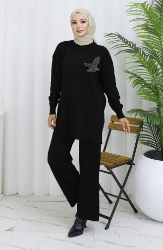 Ensemble Deux Pièces Tunique Et Pantalon En Tricot Imprimé Pierre 1053-02 Noir 1053-02