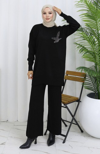 Ensemble Deux Pièces Tunique Et Pantalon En Tricot Imprimé Pierre 1053-02 Noir 1053-02