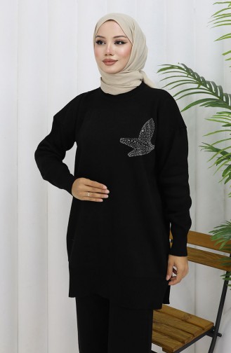 Ensemble Deux Pièces Tunique Et Pantalon En Tricot Imprimé Pierre 1053-02 Noir 1053-02