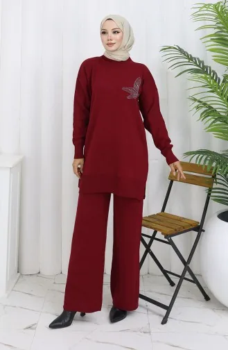 Strickmode Stein Bedruckte Tunika Hose Zweiteiliger Anzug 1053-03 Weinrot 1053-03