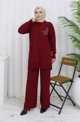Strickmode Stein Bedruckte Tunika Hose Zweiteiliger Anzug 1053-03 Weinrot 1053-03