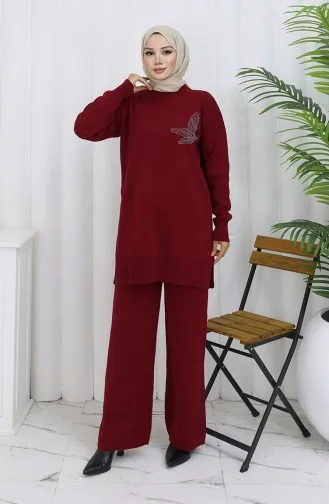 Strickmode Stein Bedruckte Tunika Hose Zweiteiliger Anzug 1053-03 Weinrot 1053-03