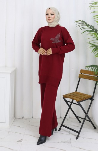 Strickmode Stein Bedruckte Tunika Hose Zweiteiliger Anzug 1053-03 Weinrot 1053-03