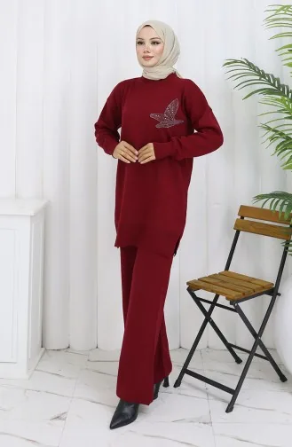 Strickmode Stein Bedruckte Tunika Hose Zweiteiliger Anzug 1053-03 Weinrot 1053-03