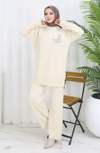 Knitwear Stone Printed Tunic Trousers Two Piece Set 1053-08 Beige 1053-08