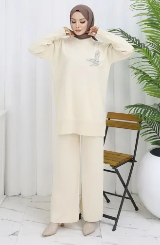 Knitwear Stone Printed Tunic Trousers Two Piece Set 1053-08 Beige 1053-08