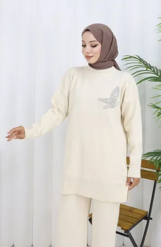 Knitwear Stone Printed Tunic Trousers Two Piece Set 1053-08 Beige 1053-08