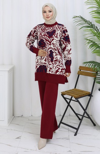 Ensemble Deux Pièces En Tricot Tunique Garnie Et Pantalon 1060-02 Bordeaux 1060-02