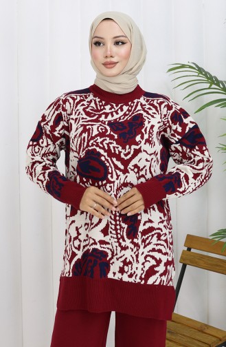 Ensemble Deux Pièces En Tricot Tunique Garnie Et Pantalon 1060-02 Bordeaux 1060-02