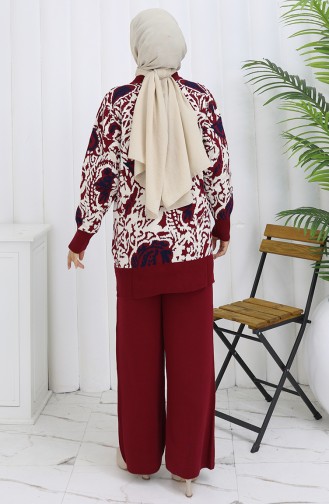 Ensemble Deux Pièces En Tricot Tunique Garnie Et Pantalon 1060-02 Bordeaux 1060-02