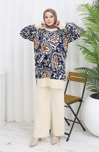 Ensemble Deux Pièces En Tricot Tunique Garnie Et Pantalon 1060-05 Bleu Marine 1060-05