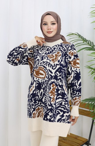 Ensemble Deux Pièces En Tricot Tunique Garnie Et Pantalon 1060-05 Bleu Marine 1060-05